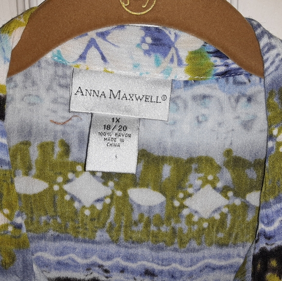 1X (18/20) Anna Maxwell Printed Ikat/Tribal Inspired Button Up Shirt Blue/Green - Picture 2 of 7